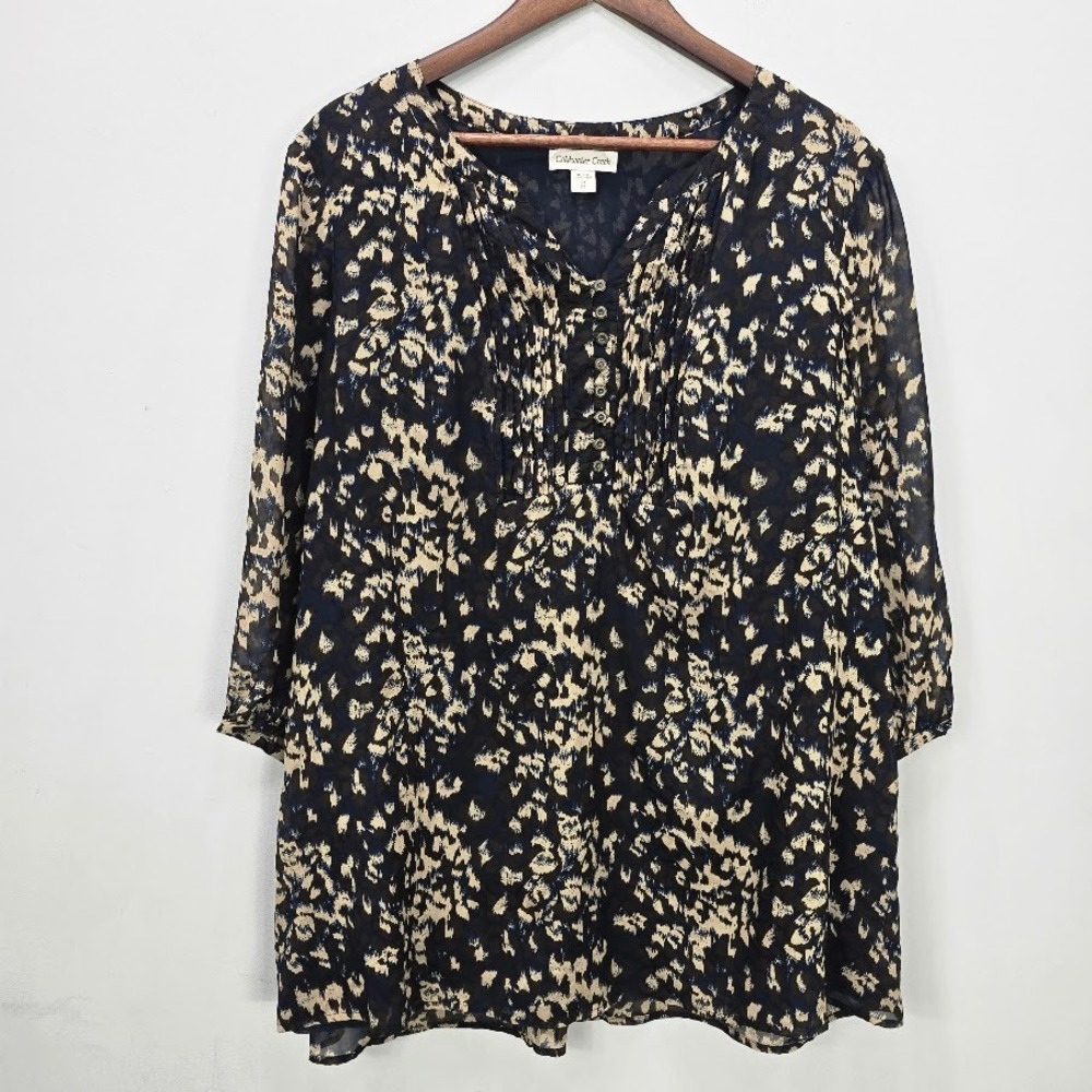 Coldwater Creek Tunic Top Black Beige Balloon 3/4 Sleeve Boho Office *Read
